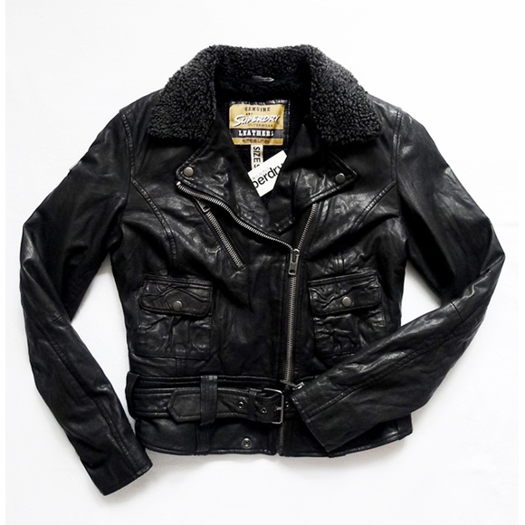 NEW WITH TAG SUPERDRY BELTED RIDER Moto Leather Jacket with Pockets Small